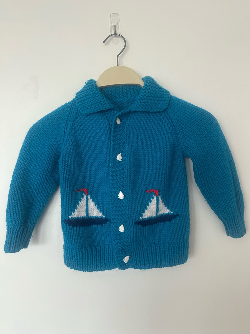 Vintage Handmade Kids Sailboat Cardigan Sweater Nautical Knit Blue